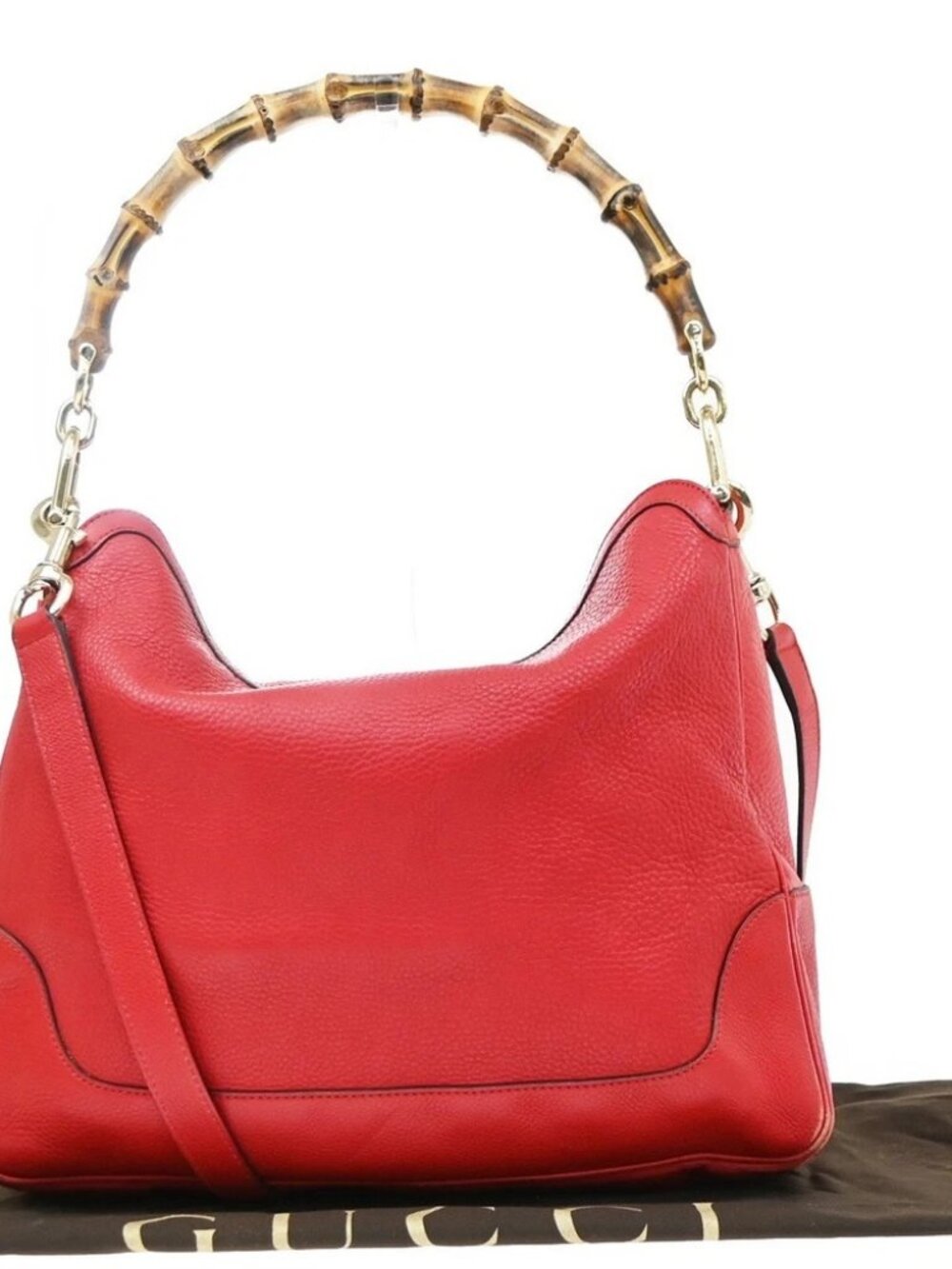 GUCCI Logo Bamboo Handle 2way Shoulder Hand Bag Leather Red GHW Italy 83MA842